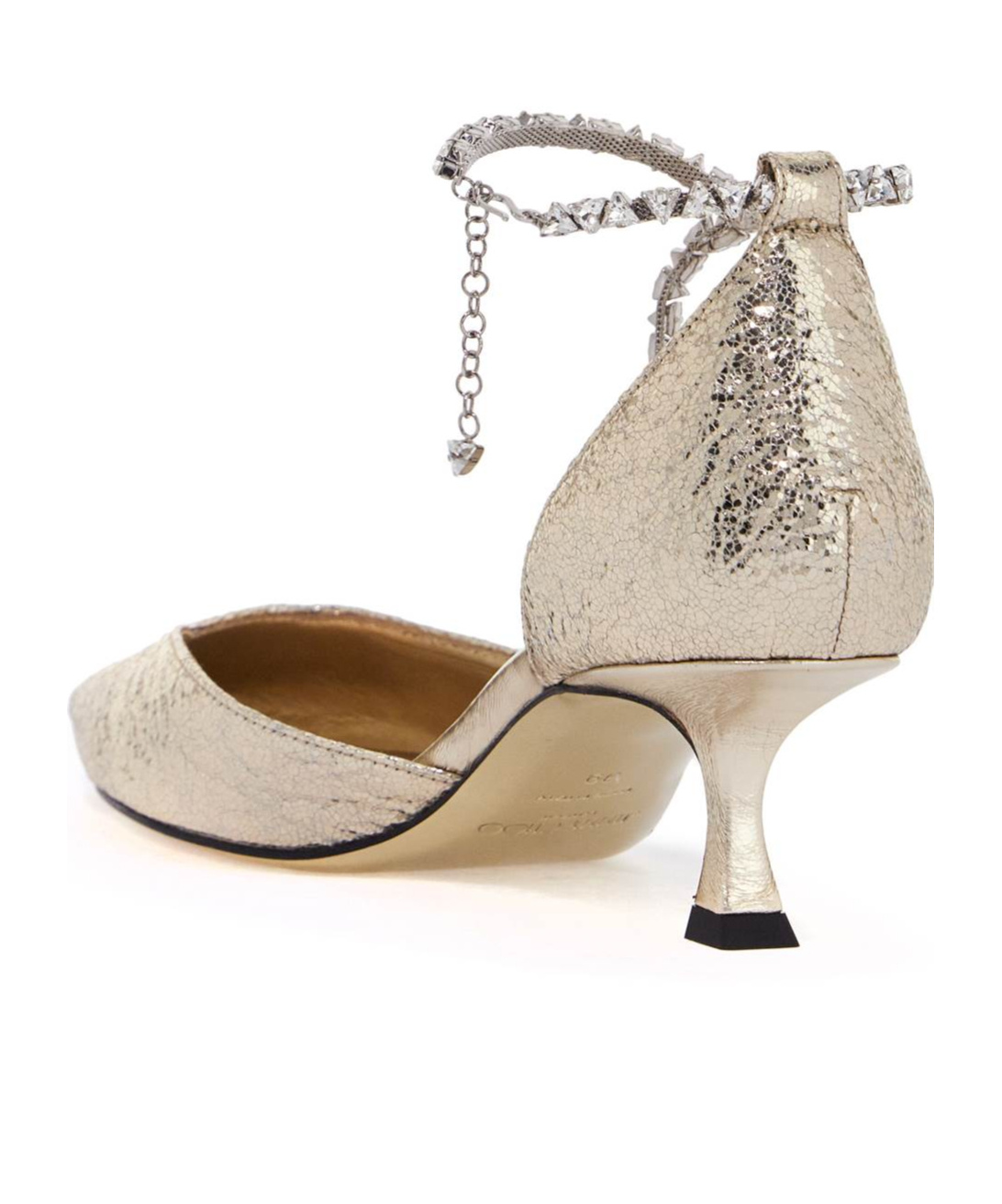 Jimmy Choo Metallic Crinkled Leather Pointed Toe Pumps With Crystal Ankle Strap In Nude
