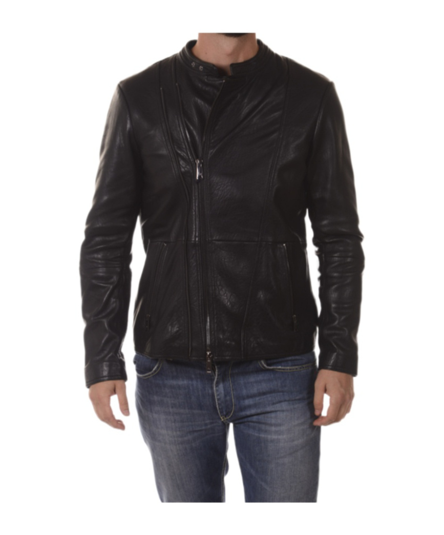 Armani Jeans Long-sleeved Leather Jacket In Black