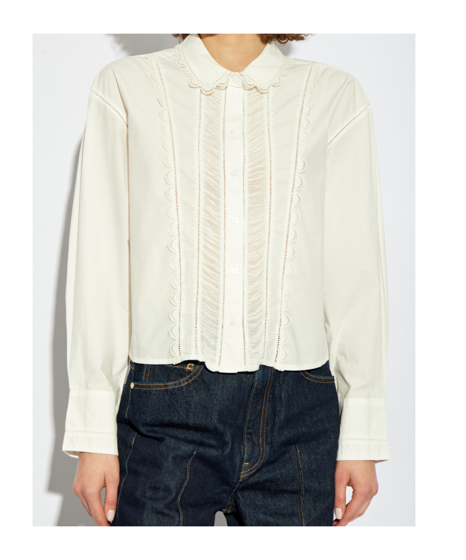 Ulla Johnson Samira Lace Trim Blouse With Pleats And Scalloped Edges In White