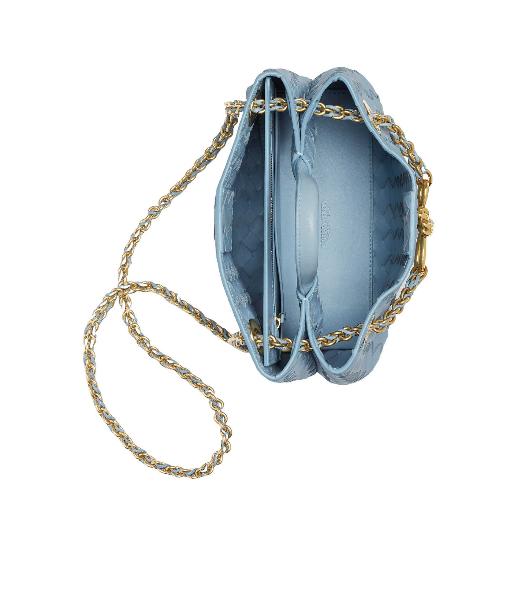 Bottega Veneta Andiamo With Chain Small Intrecciato Leather Shoulder Bag In Blue