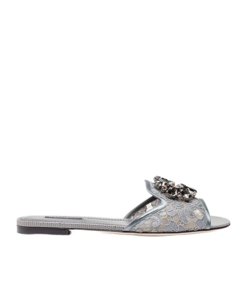 Shop Dolce & Gabbana Crystal-flower Lace Slides In Gray