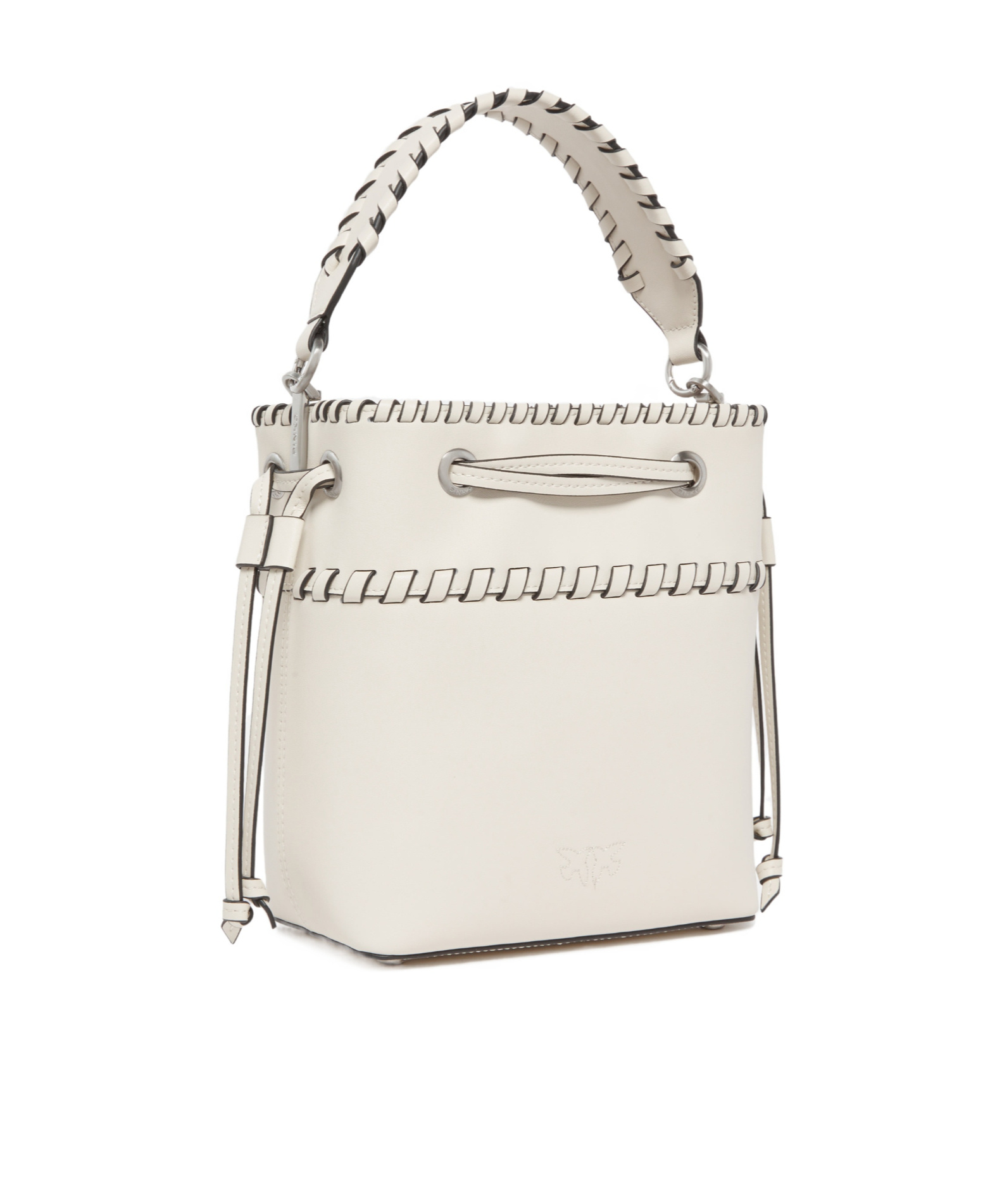Pinko Small Leather Bucket Bag With Threaded Detailing In White