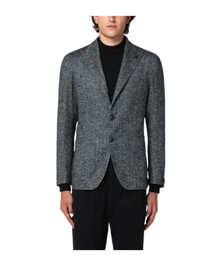 Tagliatore Grey Single-breasted Jacket Herringbone Pattern In Black
