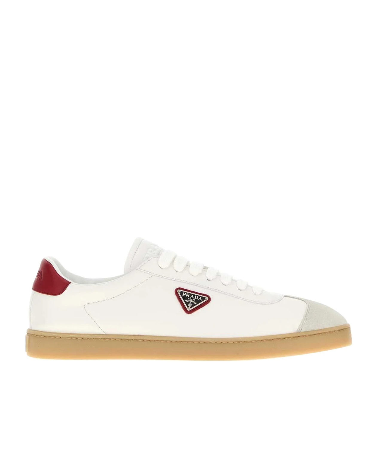 Prada Leather Sneakers With Contrast Heel Tab In Neutral