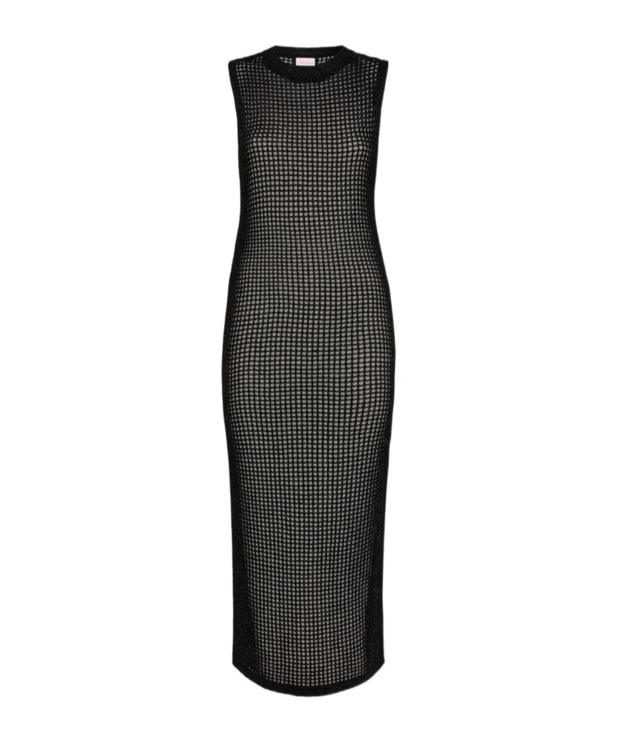 Mc2 Saint Barth Eileen Long Lurex Black Mesh Crochet Dress