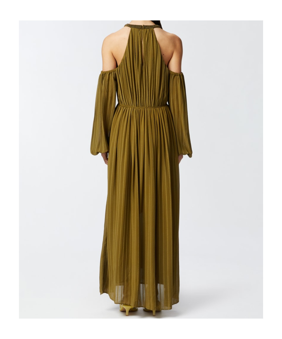 Pinko Long Off-the-shoulder Dress With Beaded Embroidery In Green