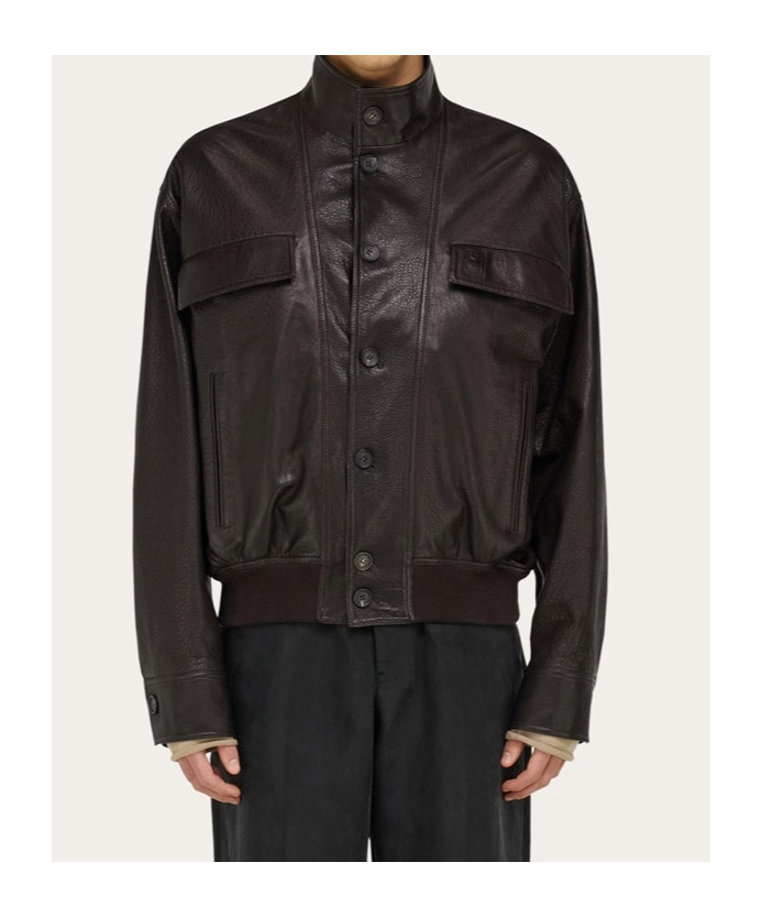 Ferragamo Stand-up Collar Leather Jacket In Brown
