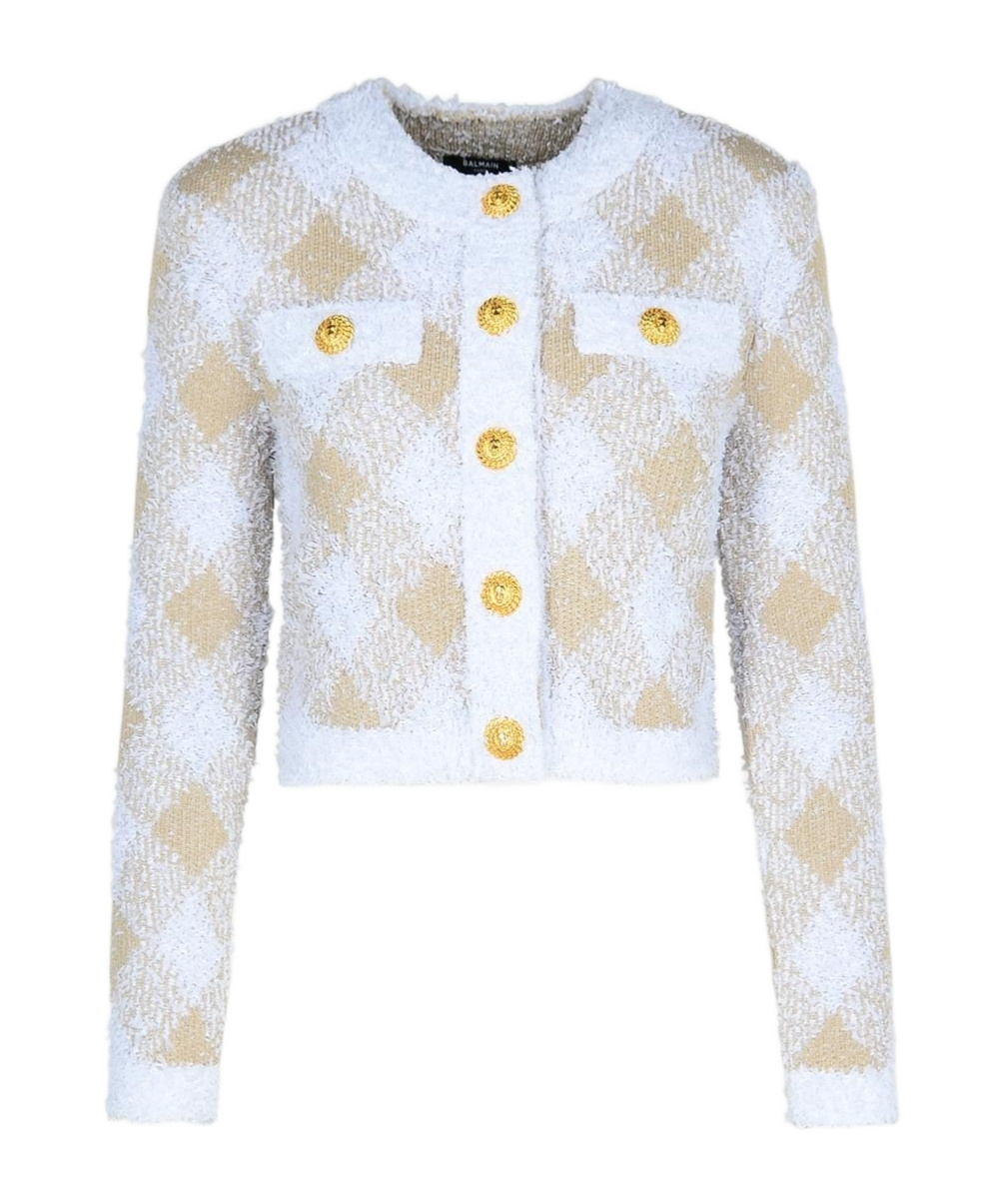 Balmain Vichy Check Tweed Knit Crop Jacket In White