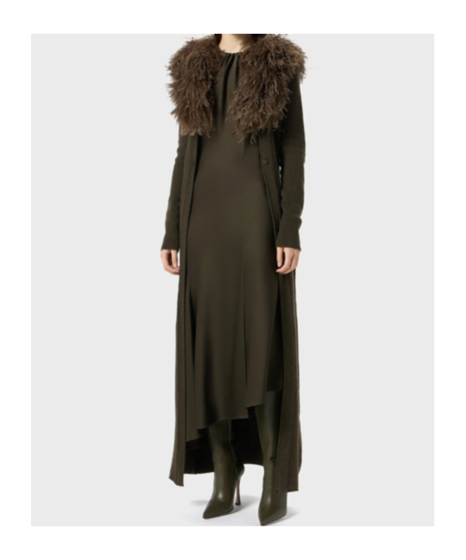 Blumarine Green Long Dress With Removable Feather Collar In Wool Woman In Green