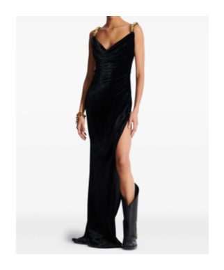 Balmain Button Cowl-neck Velvet Slit Maxi Dress In Black