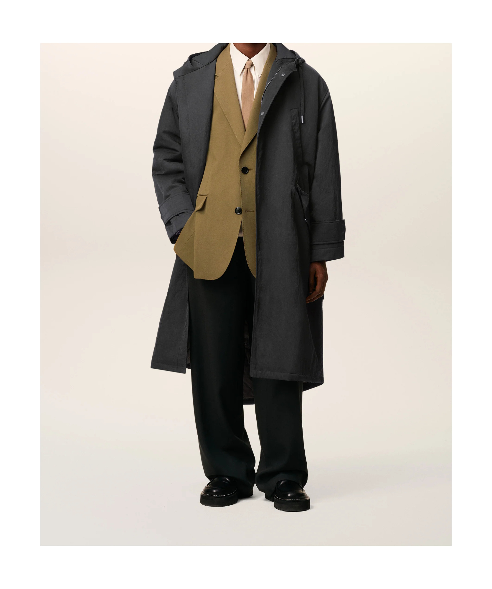 Ami Alexandre Mattiussi Long Grey Polyamide Jacket With Adjustable Hood And Flap Pockets In Black