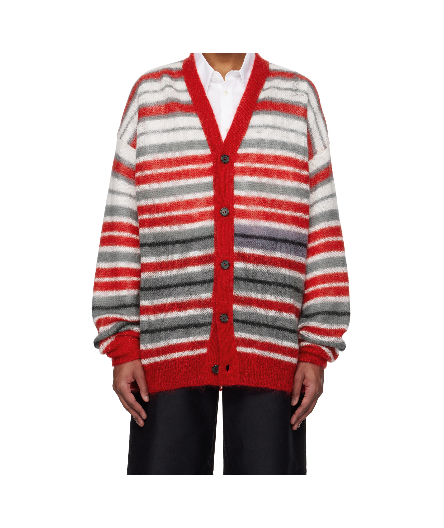 Shop Marni Striped V-neck Cardigan In Red