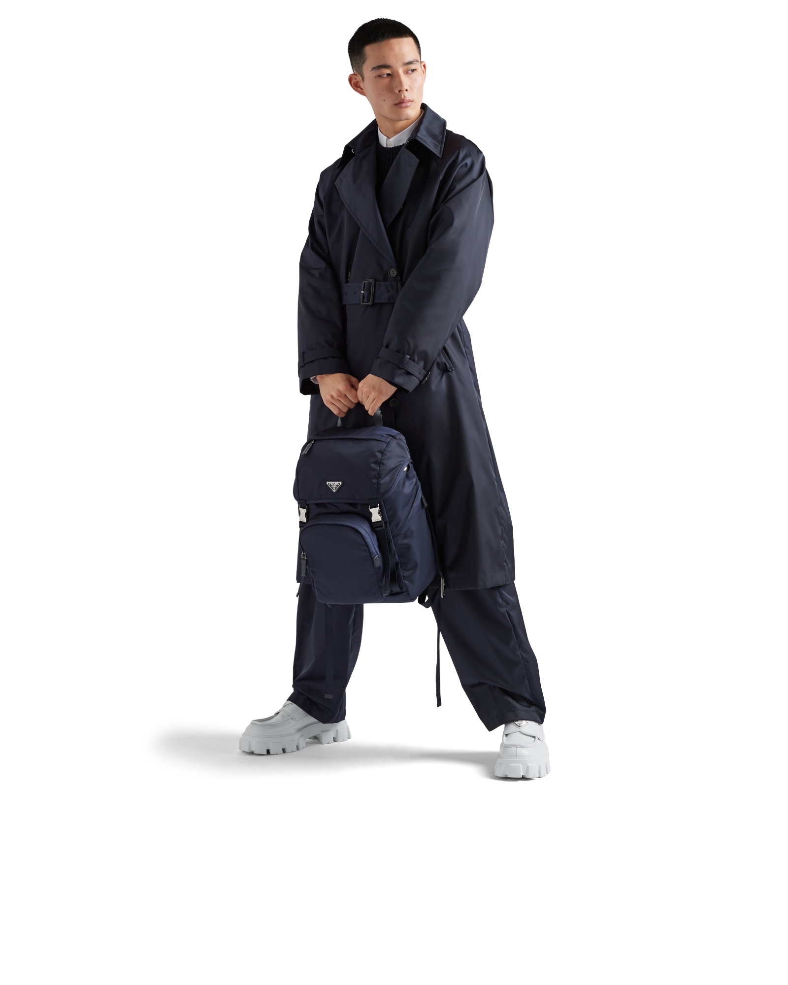 Prada Structured Leather Backpack With Logo Zipper Closure In Blue