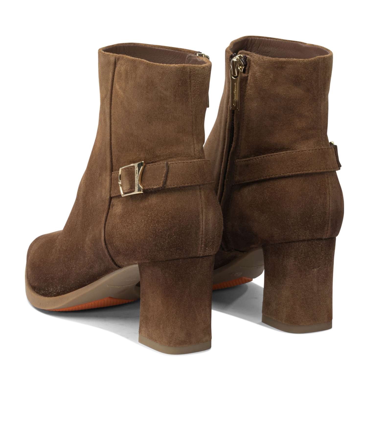 Santoni Block Heel Suede Ankle Boots With Buckle In Brown