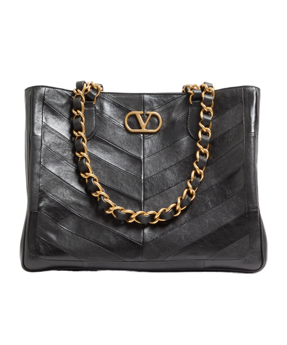 Valentino Garavani Laseine Shopping Bag In Nappa Leather With A Chevron Pattern In Black