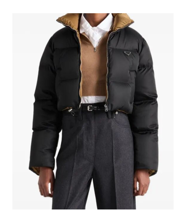Prada Cropped Fit Stand-up Collar Down Jacket In Black