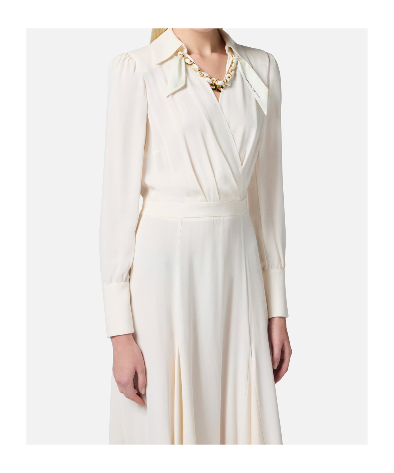 Elisabetta Franchi Abito In Georgette Con Foulard Gioiello Bianco In Butter Color
