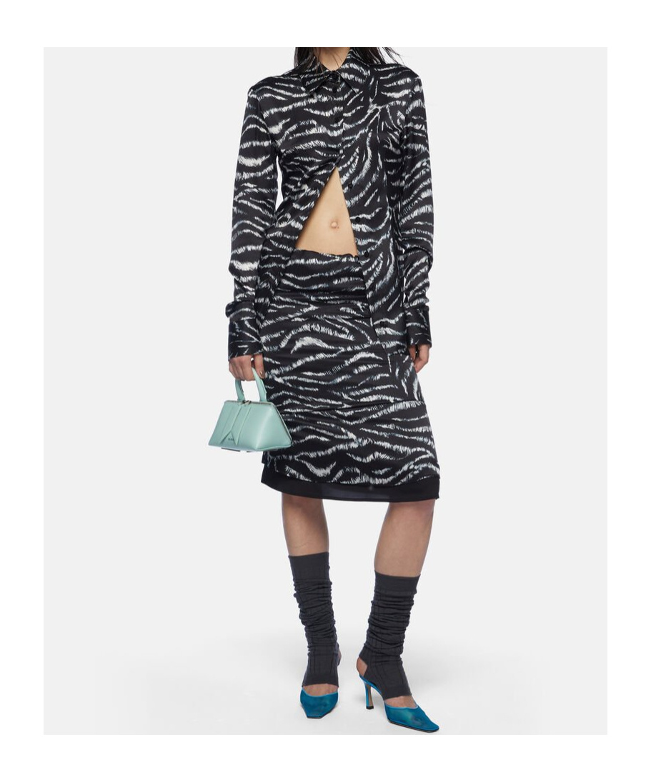 Attico Zebra Print Stretch Silk Blend Satin Midi Skirt In Black