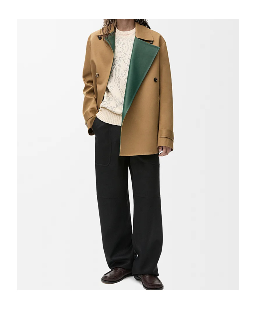 Loewe Coat In Cotton And Nappa Calfskin In Beige/khaki Green