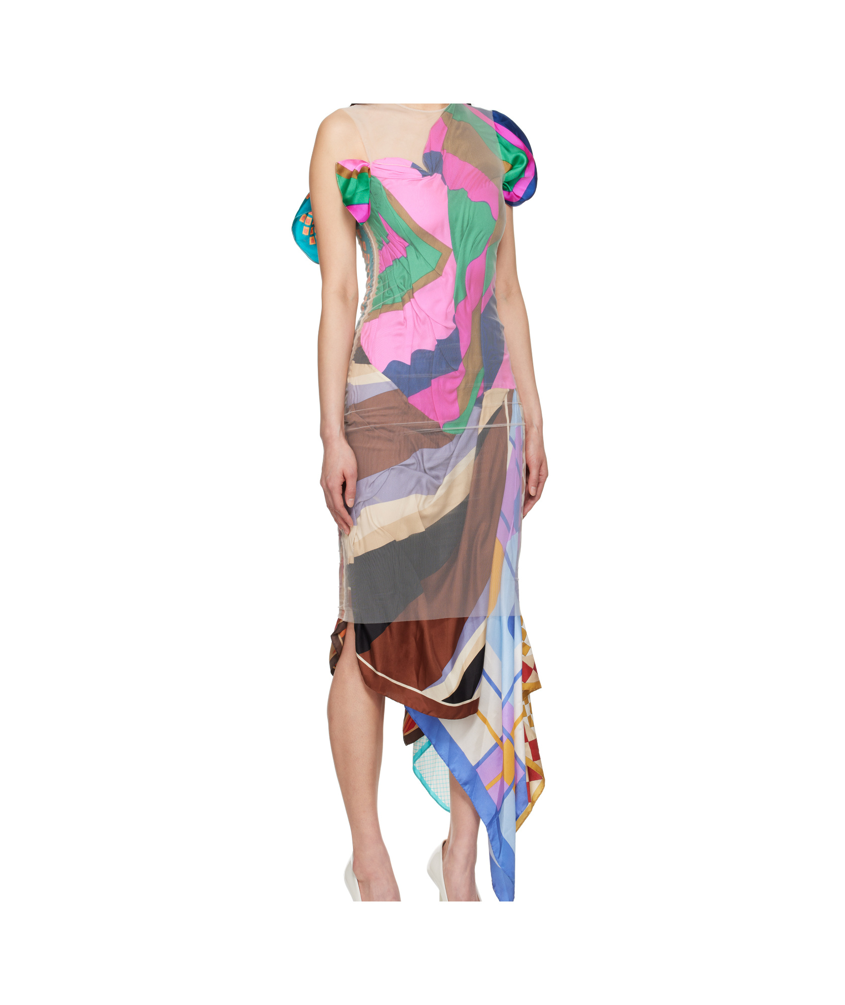 Marine Serre Multicolor Regenerated Silk Scarves Fitted Maxi Dress In Nude