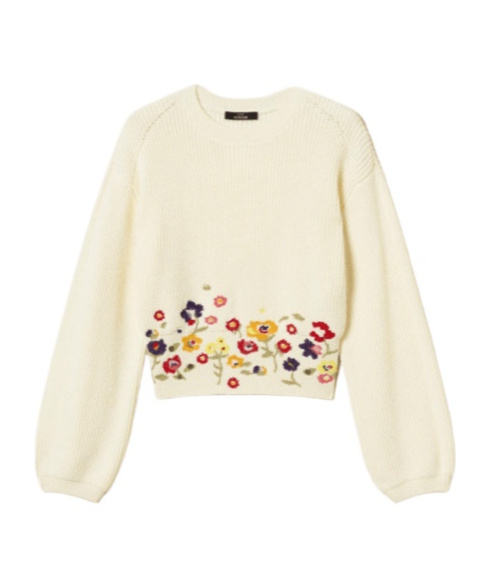 Twinset Ribbed Knit Sweater With Floral Embroidery In Neutral