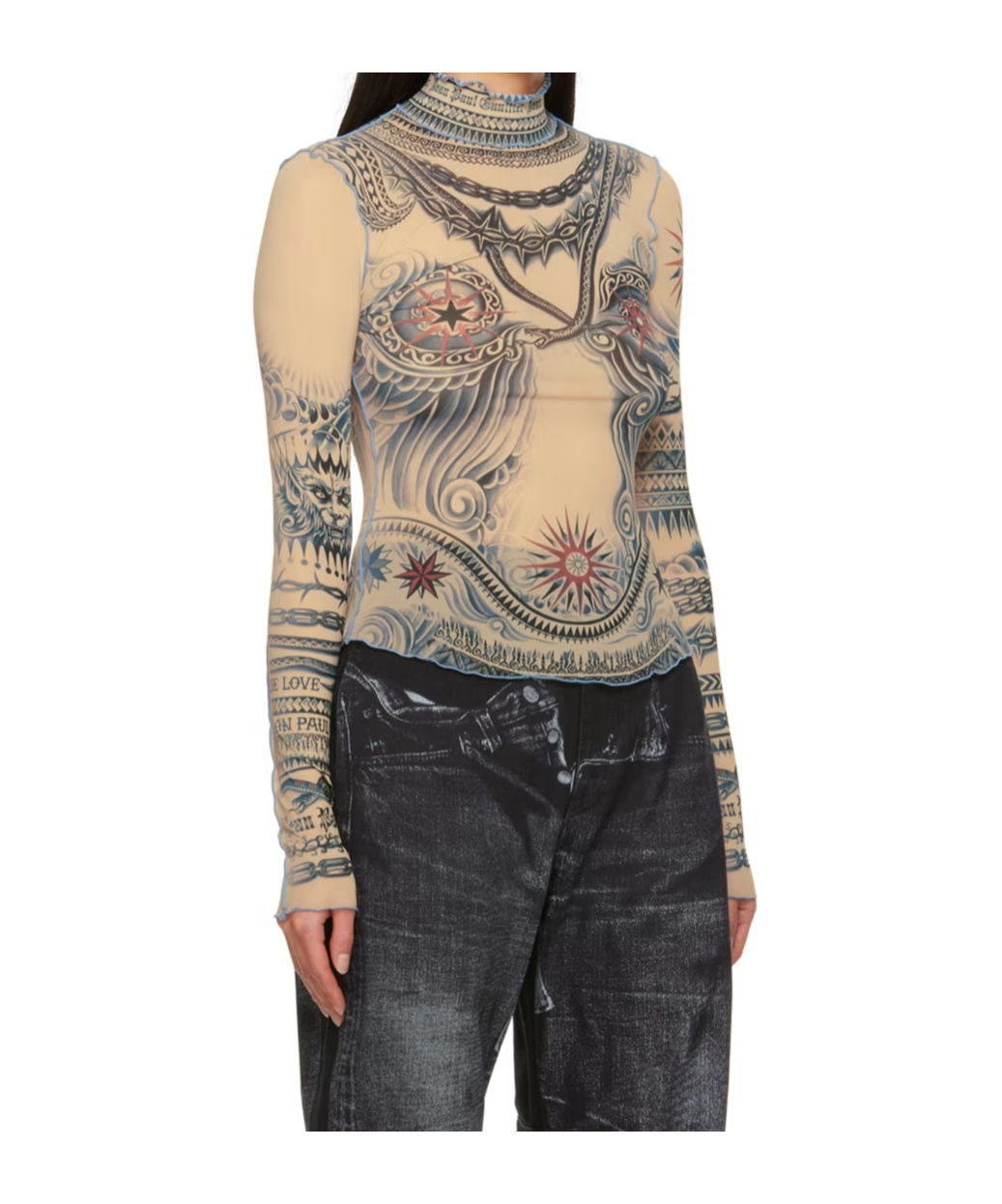 Jean Paul Gaultier Beige Soleil Turtleneck In Blue/red