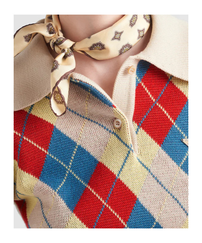 Shop Prada Argyle Knit Wool Polo Shirt In Yellow