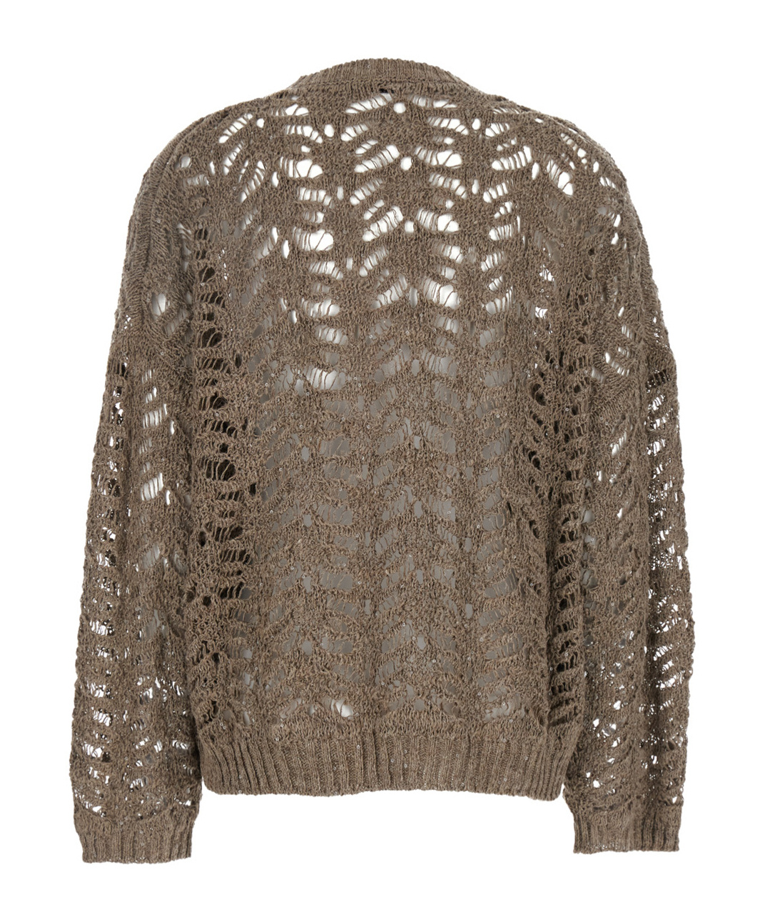 Brunello Cucinelli Dazzling Brown Round Neck Sweater With Open Stitch And Beaded Decorations In Linen Blend Woman In Brown
