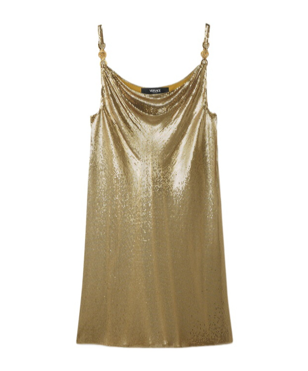 Versace Short Cocktail Dress With Chain Strap Detail In Gold