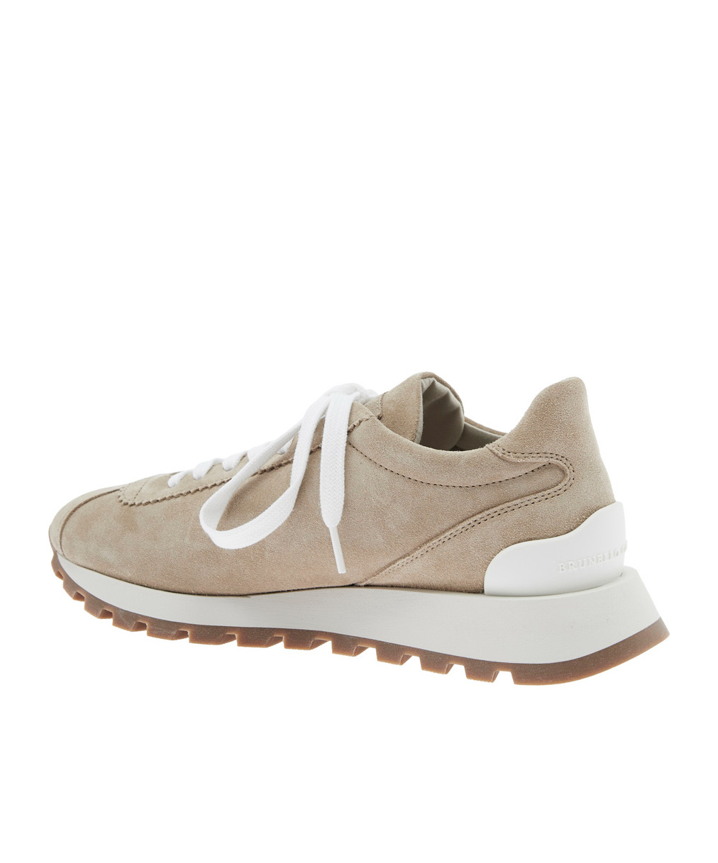Brunello Cucinelli Beige Low Top Sneakers With Monil Detail On The Side And Embossed Logo Lettering On The Rear In Leat