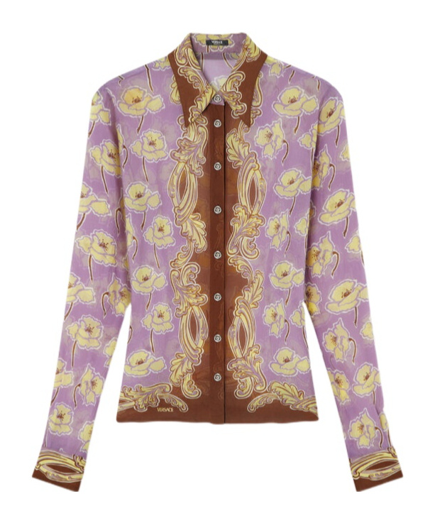 Versace Poppies Print Crinkled Crepe Button-up Shirt In Lavender Brown