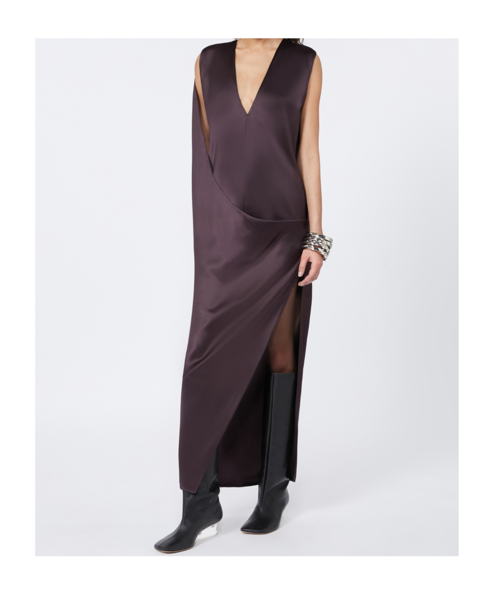 Sportmax Wraparound Satin Dress Side Slit In Brown