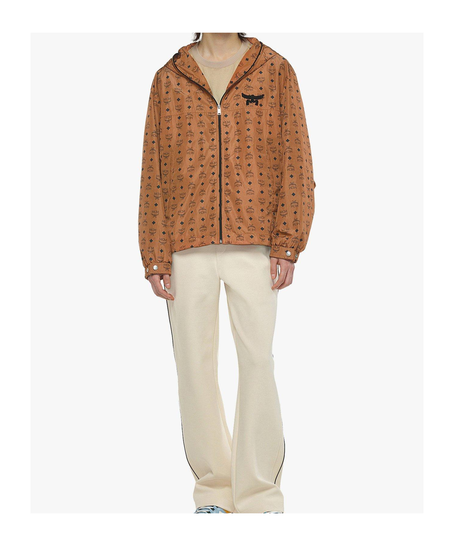 Mcm Monogram-printed Zipped Hooded Jacket In Brown