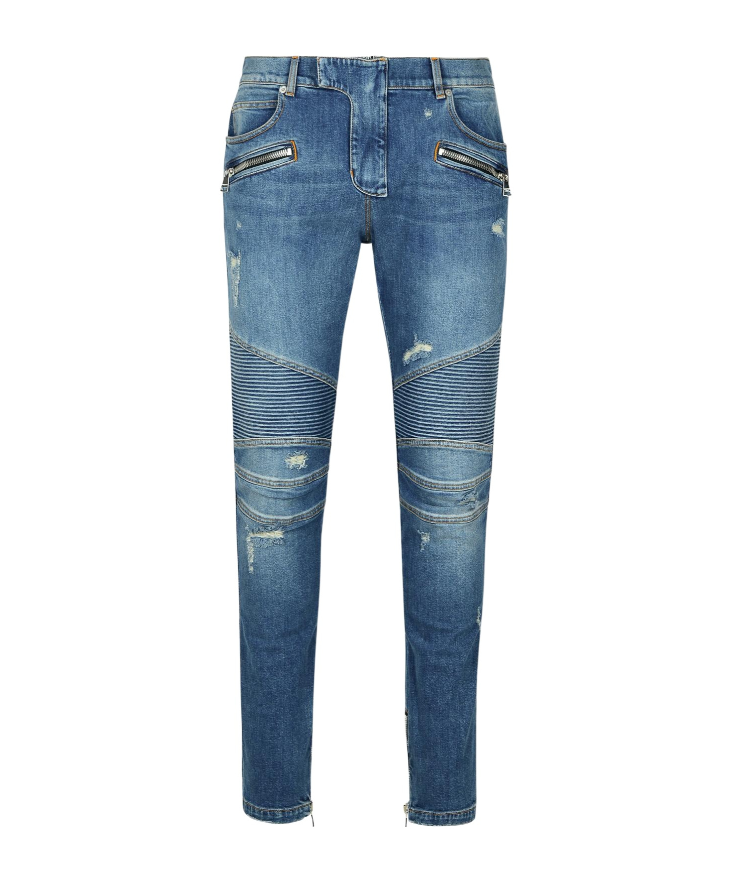 Balmain Light Blue Biker Jeans With Zip And Rips In Blue