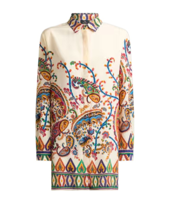 Etro Long Silk Shirt With Placed Floral Paisley Print In Multi