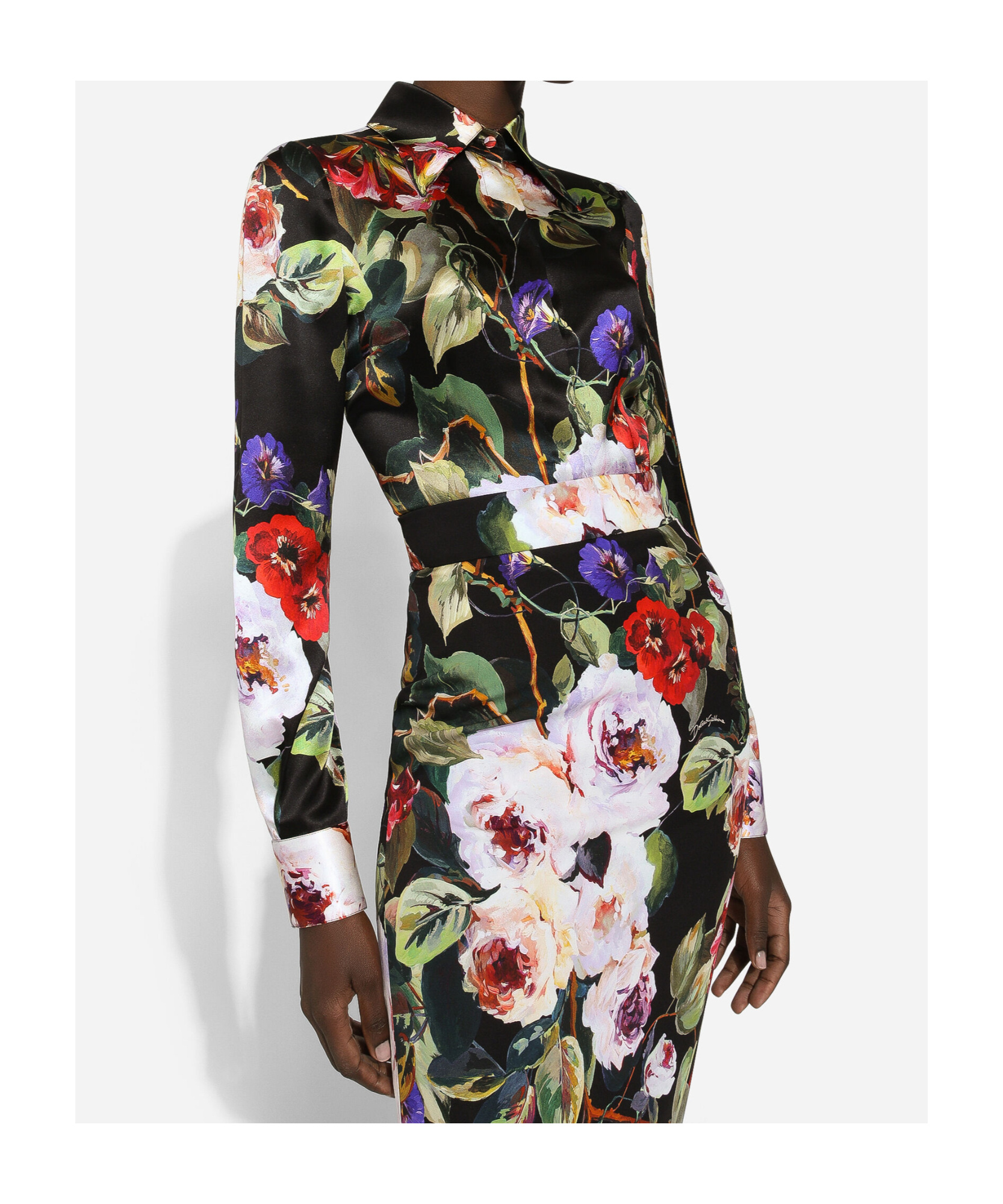 Dolce & Gabbana Silk Blend Satin Flower Printed Shirt In Black