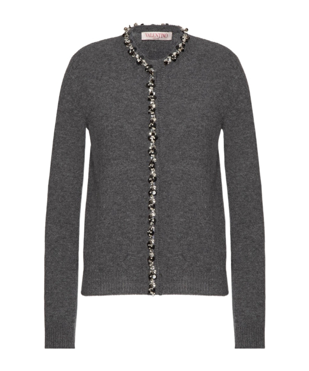 Valentino Wool Cardigan With Embroidered Trim In Black