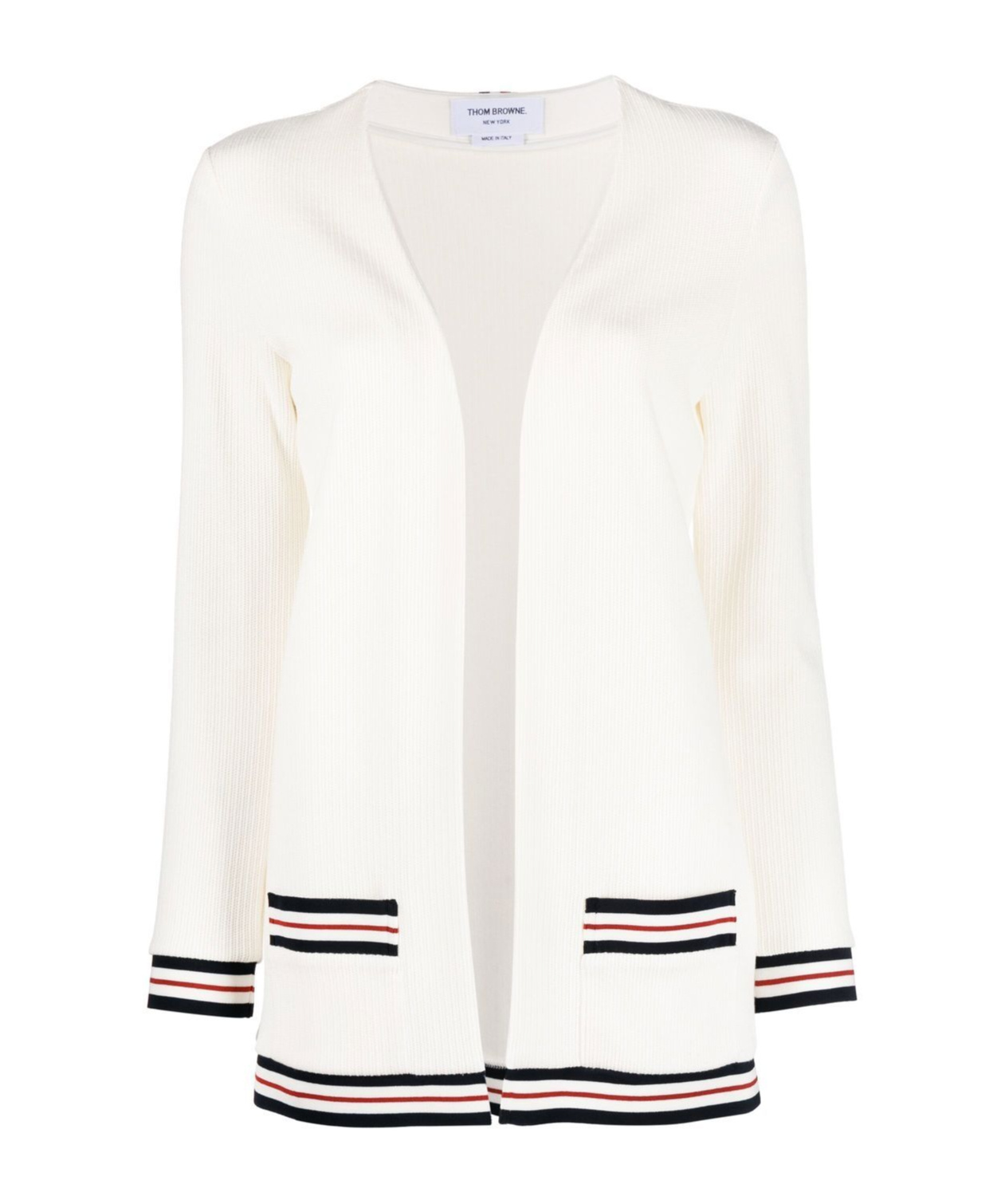 Thom Browne Rwb Stripe Ribbed Cardigan In White