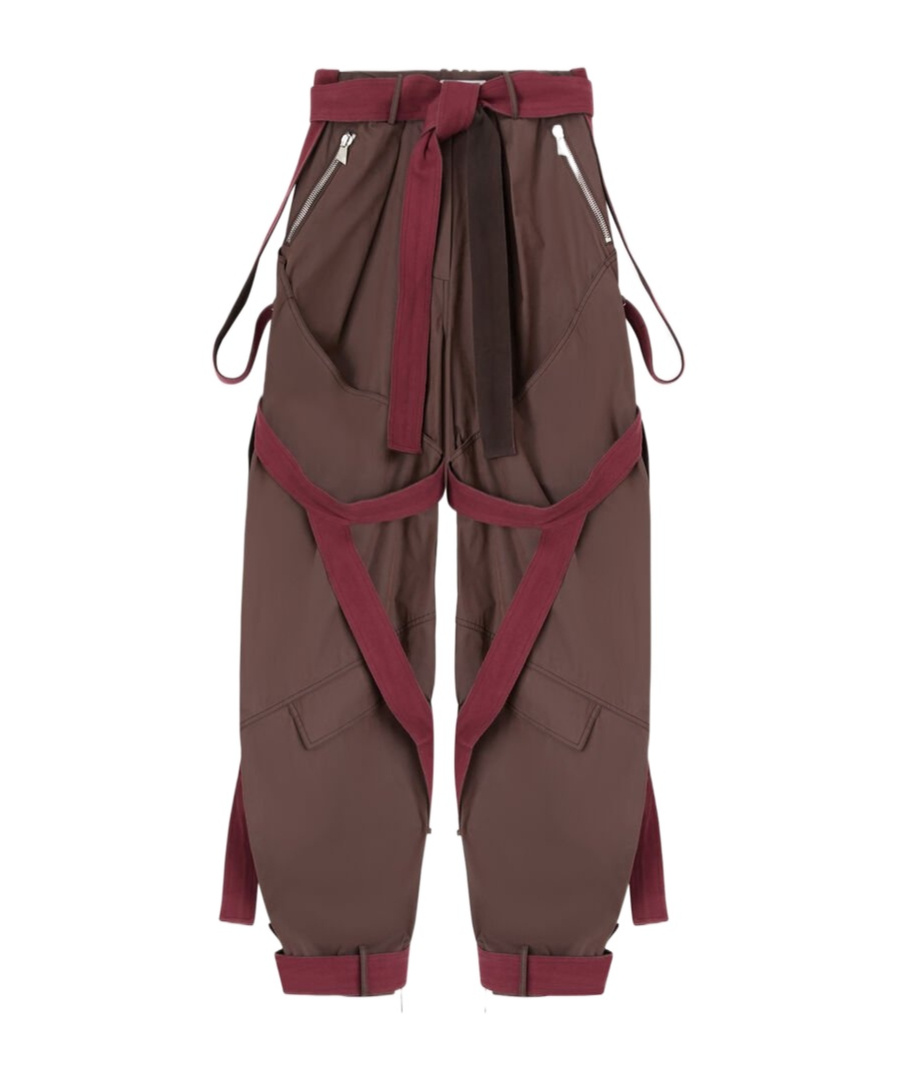 Attico Brown Pants With Side Zip Pockets And All-over Applied Bands In Cotton Blend Woman In Brown