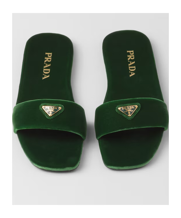 Prada Triangle-logo Velvet Slides In Green