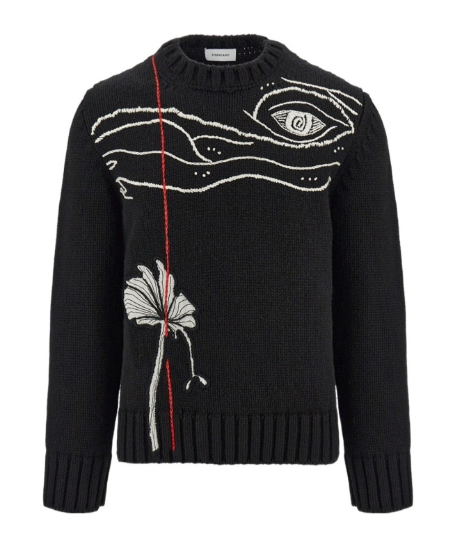 Ferragamo Embroidery Round-neck Sweater In Black