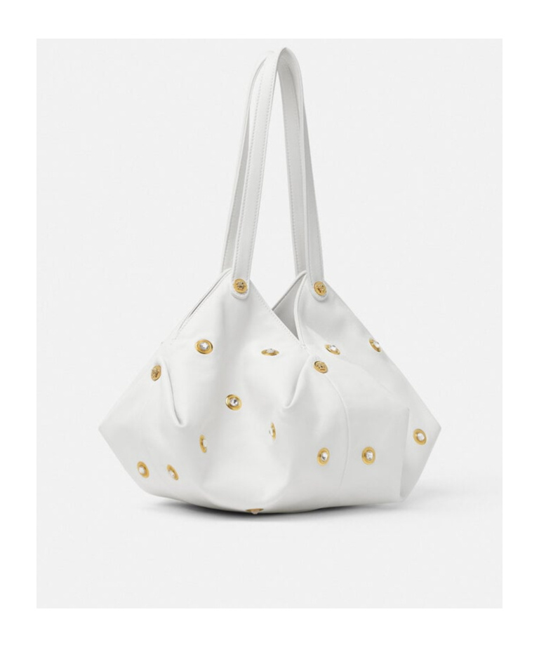Versace Protea Crystal Stud Leather Shoulder Bag In White