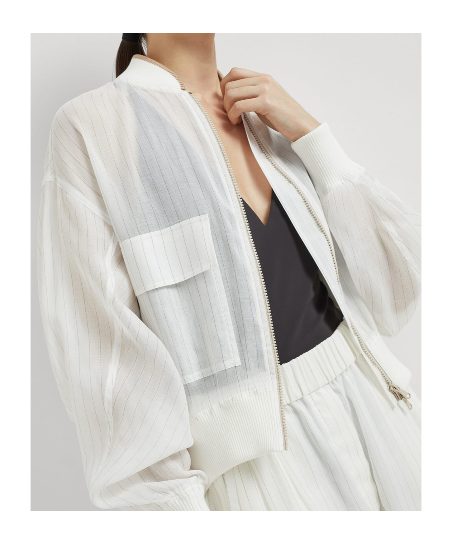 Brunello Cucinelli Pinstriped Cotton Gauze Bomber Jacket In White