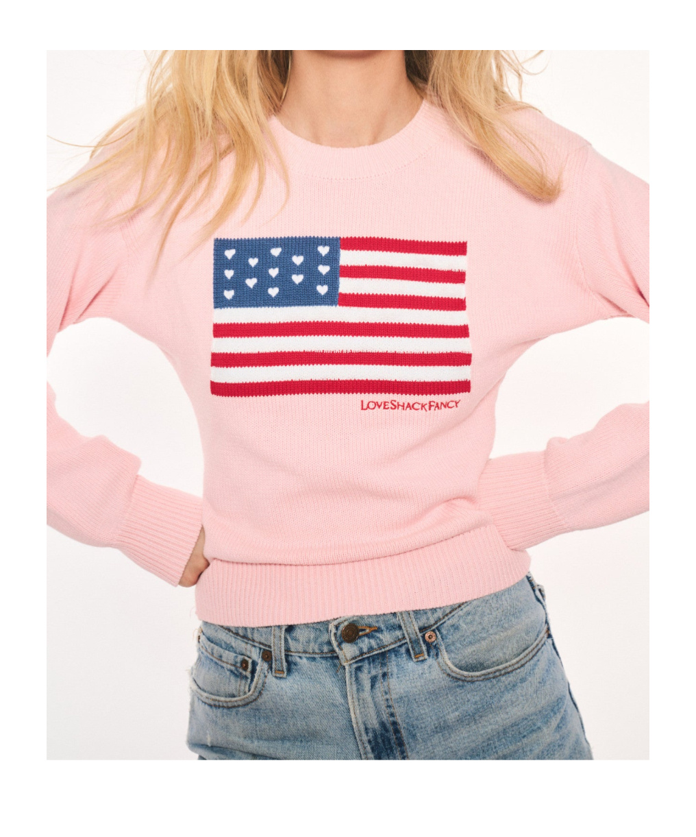 Loveshackfancy Ty Intarsia Flag Cotton Crewneck Sweater In Gold