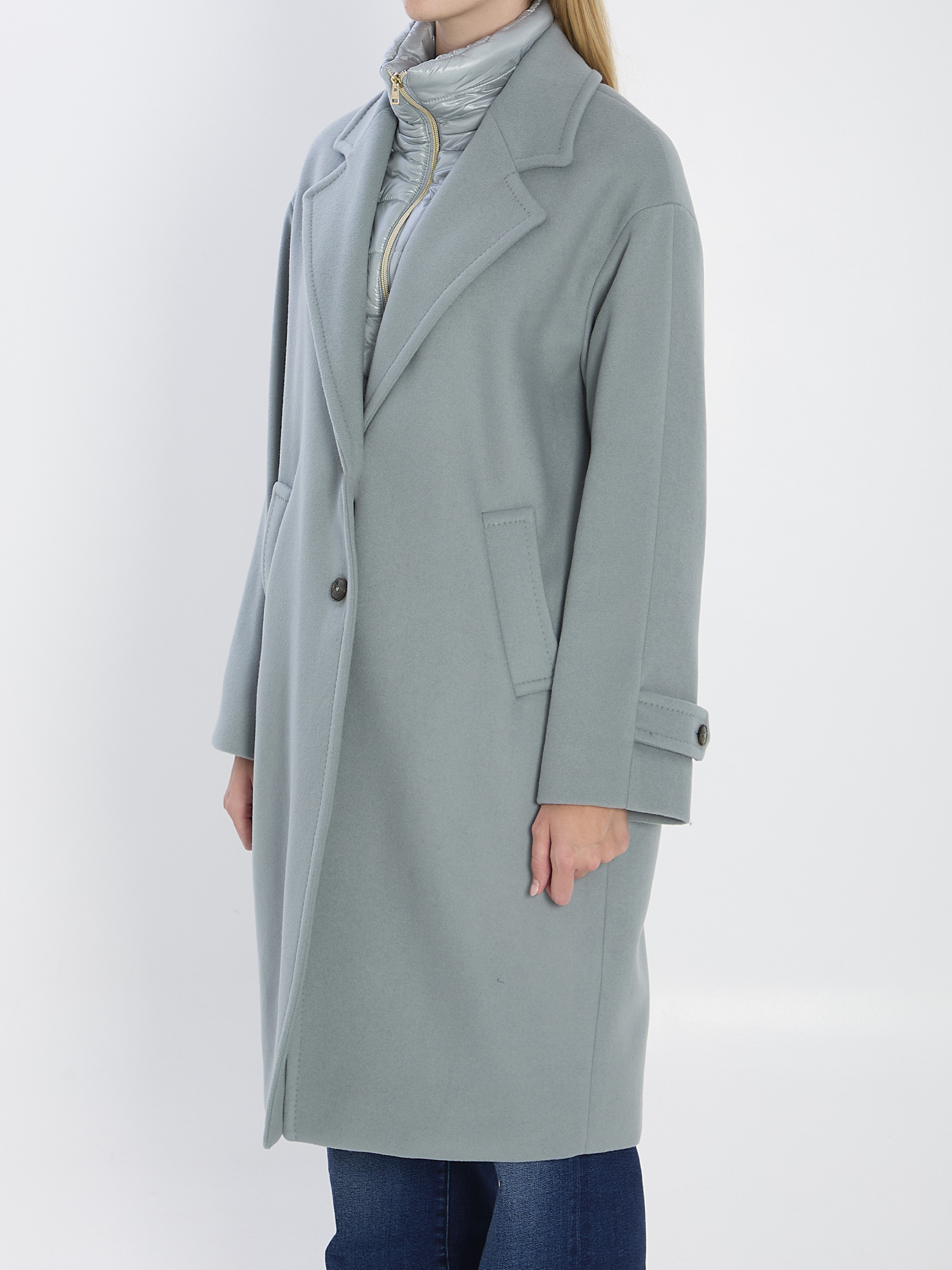 Herno High Neck Long Sleeve Single Breasted Coat In Blue