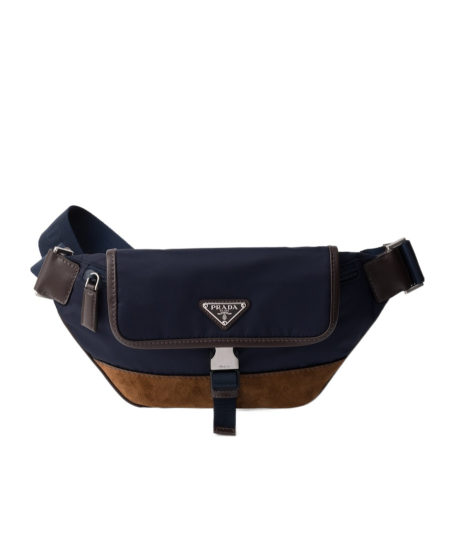 Prada Triangle-enamel Belt Bag In Blue/coffee