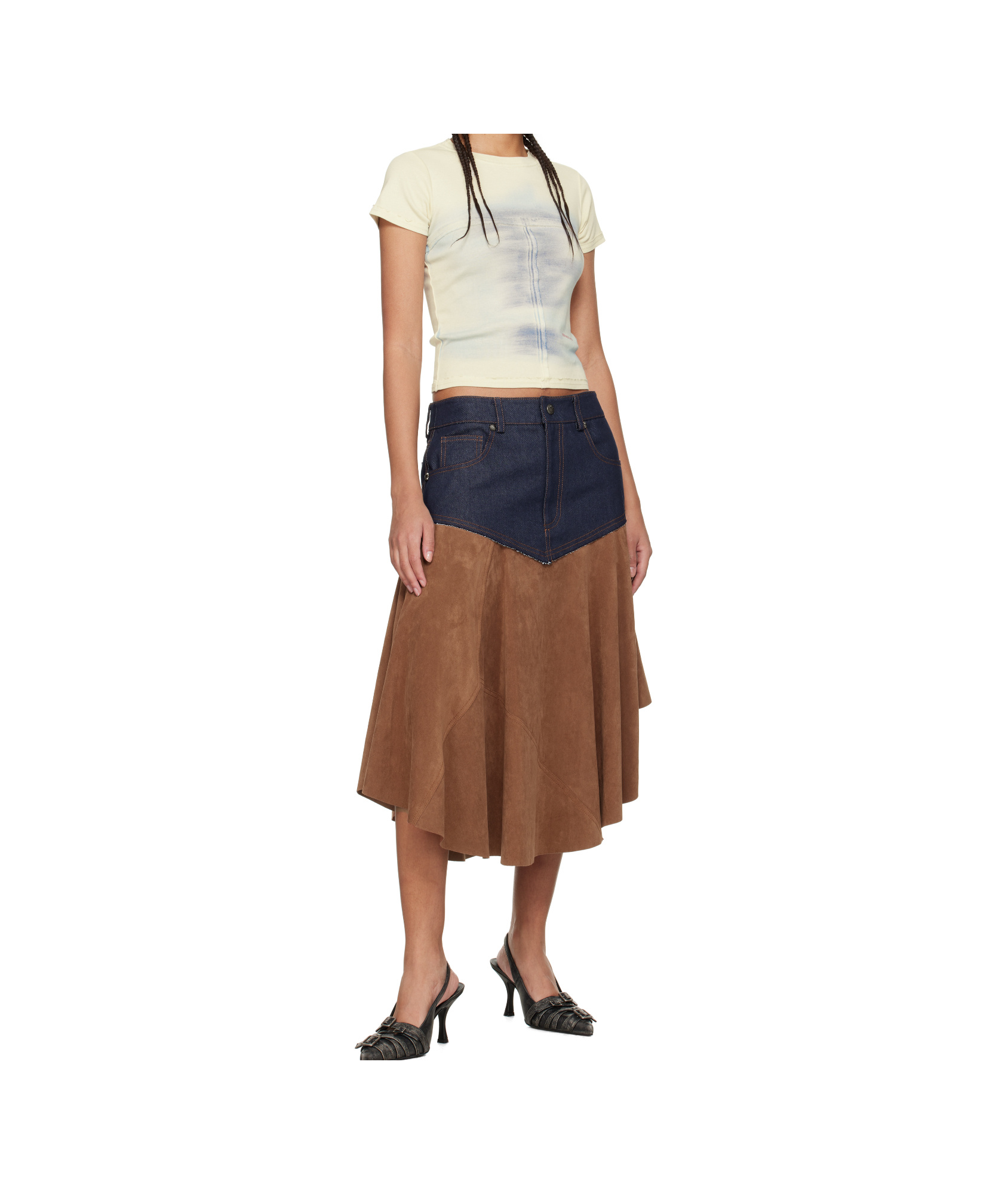 Andersson Bell Fairy Faux-suede Midi Skirt In Navy Blue/brown