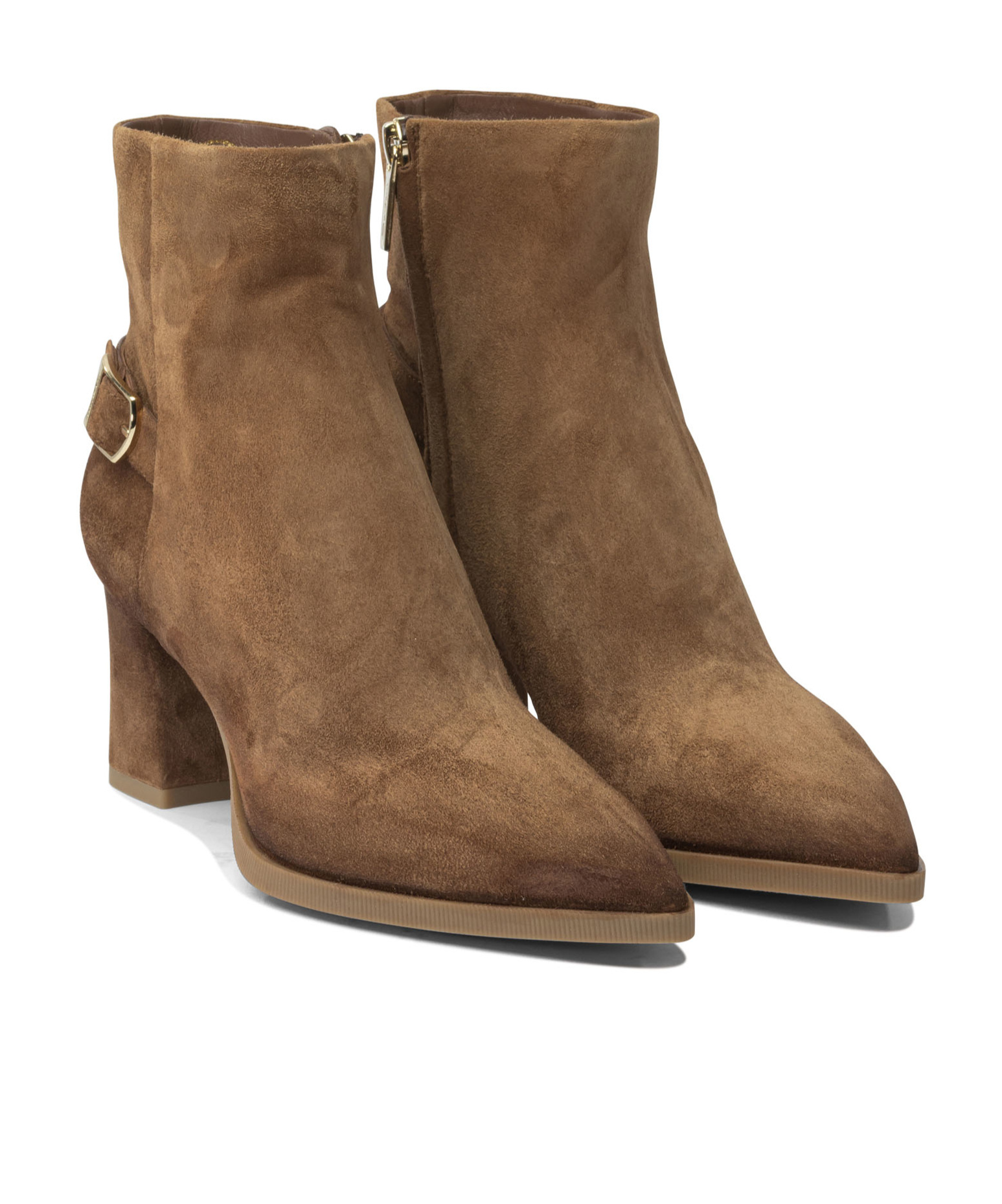 Santoni Block Heel Suede Ankle Boots With Buckle In Brown