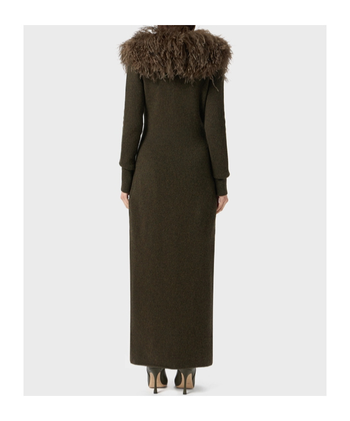 Blumarine Green Long Dress With Removable Feather Collar In Wool Woman In Green