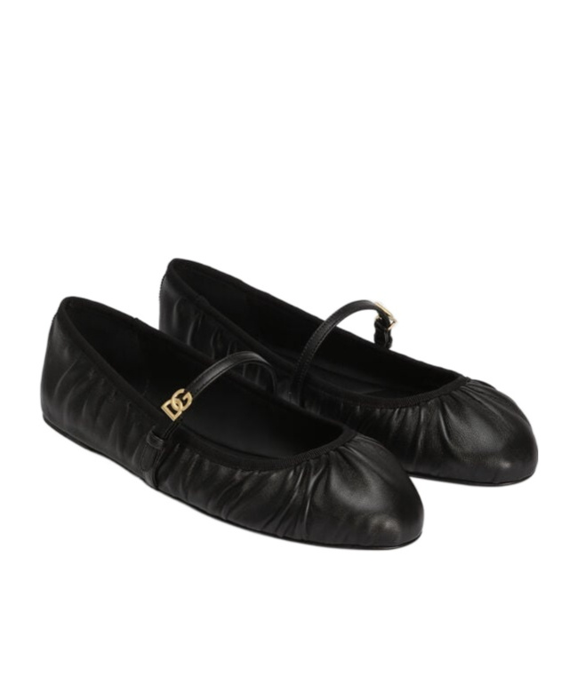 Dolce & Gabbana Black Ballerinas With Metallic Logo And Strap In Leather Woman In Black